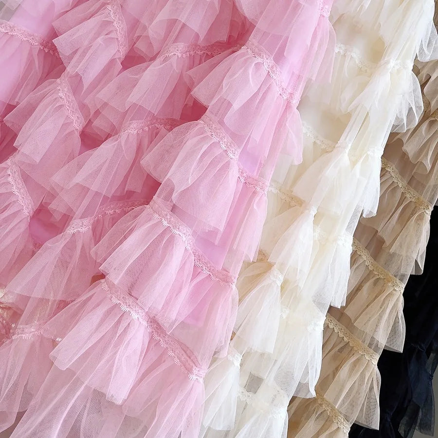 Patchwork Lace Tulle Tiered Tutu Maxi Skirt Women 2023 Spring Summer Korean Fashion Mesh High Waist Long Skirt Female