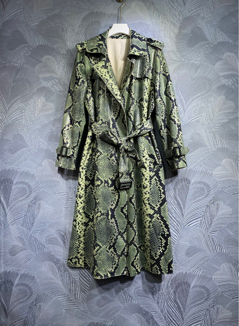 New Style Fashion Designer Coat Women's Long Sleeve Belt Slim Fit High Waist Snakeskin grain Coat