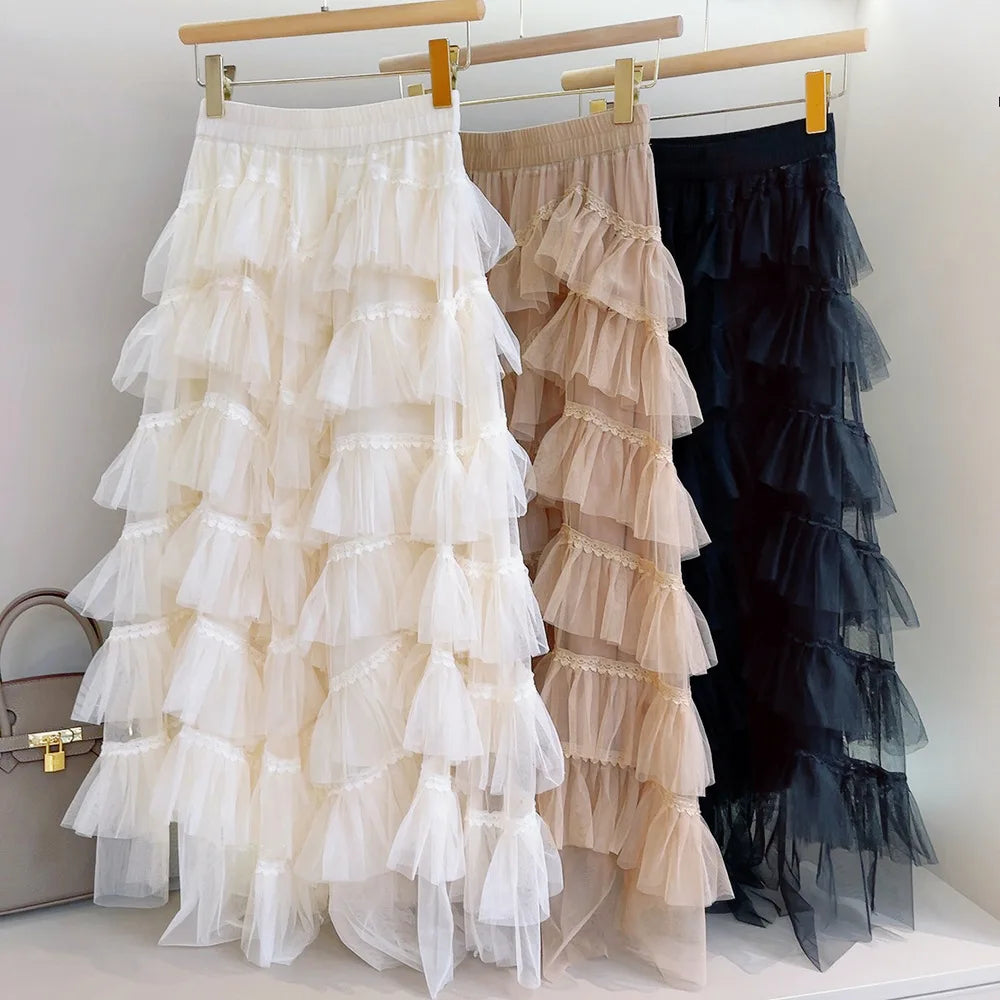 Patchwork Lace Tulle Tiered Tutu Maxi Skirt Women 2023 Spring Summer Korean Fashion Mesh High Waist Long Skirt Female