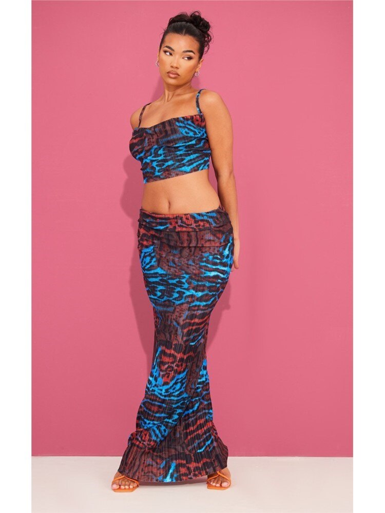 Purple Printed Pleated Sling Top And Skirt Sets Sleeveless Crop Tops Wrap Hip Long Skirts Suit