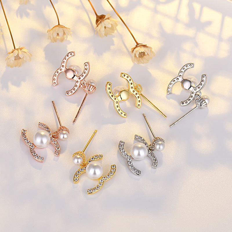Simple Pearl Earrings Temperament Gold Diamond Studded Letter Earrings
