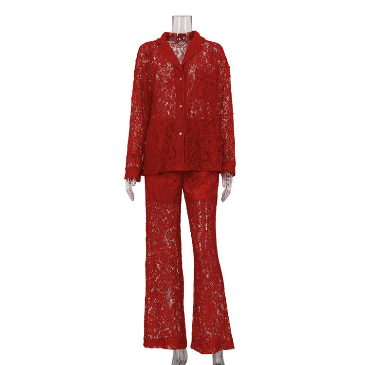 New lace perspective two-piece set for sexy and spicy women, fashionable lapel shirt and pants set