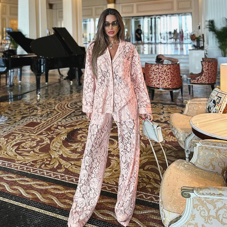 New lace perspective two-piece set for sexy and spicy women, fashionable lapel shirt and pants set