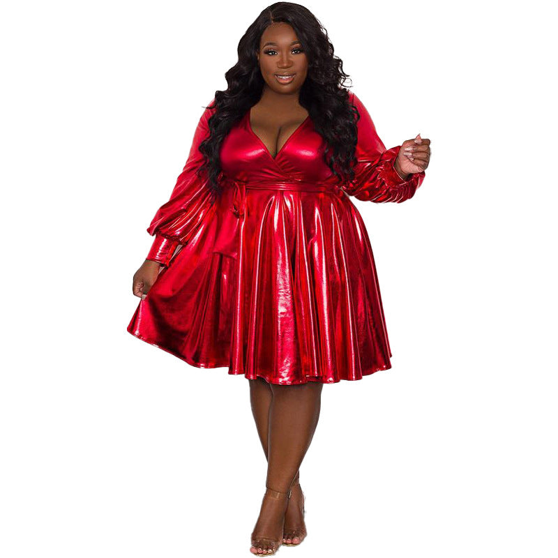 Plus Size Women's Solid Color Long Sleeve Dress Lace Up Hem Fashion Sexy Ladies Dress