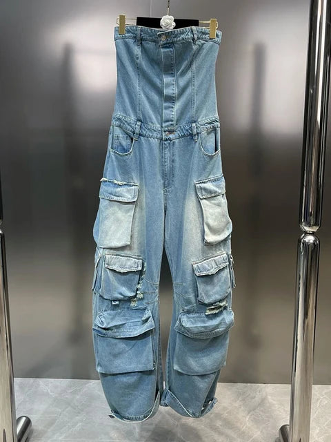 Solid Jumpsuits For Women Strapless Sleeveless High Waist Cargo Pants Summer  Jumpsuit Female Fashion Clothing