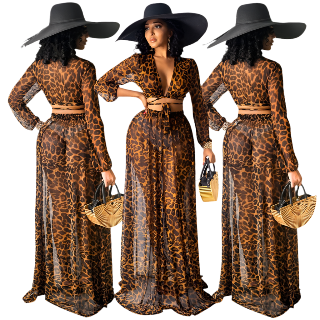 VAZN Spring and Summer European and American Women's Leopard Print Chiffon Print Skirt Set of 2 Pieces (Without Underwear)