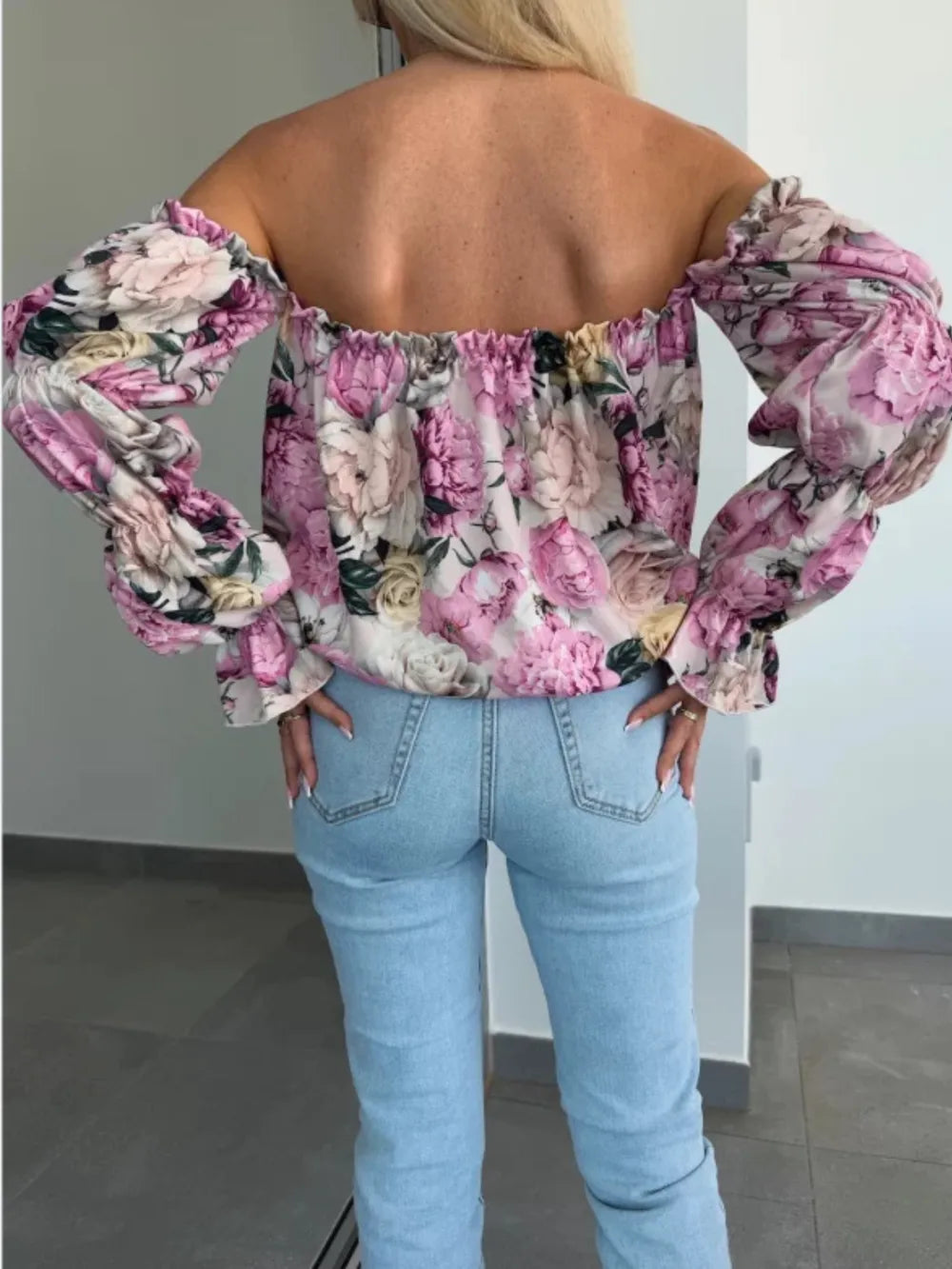 Spring new style bubble sleeve one collar floral sexy waist cinching shirt for women