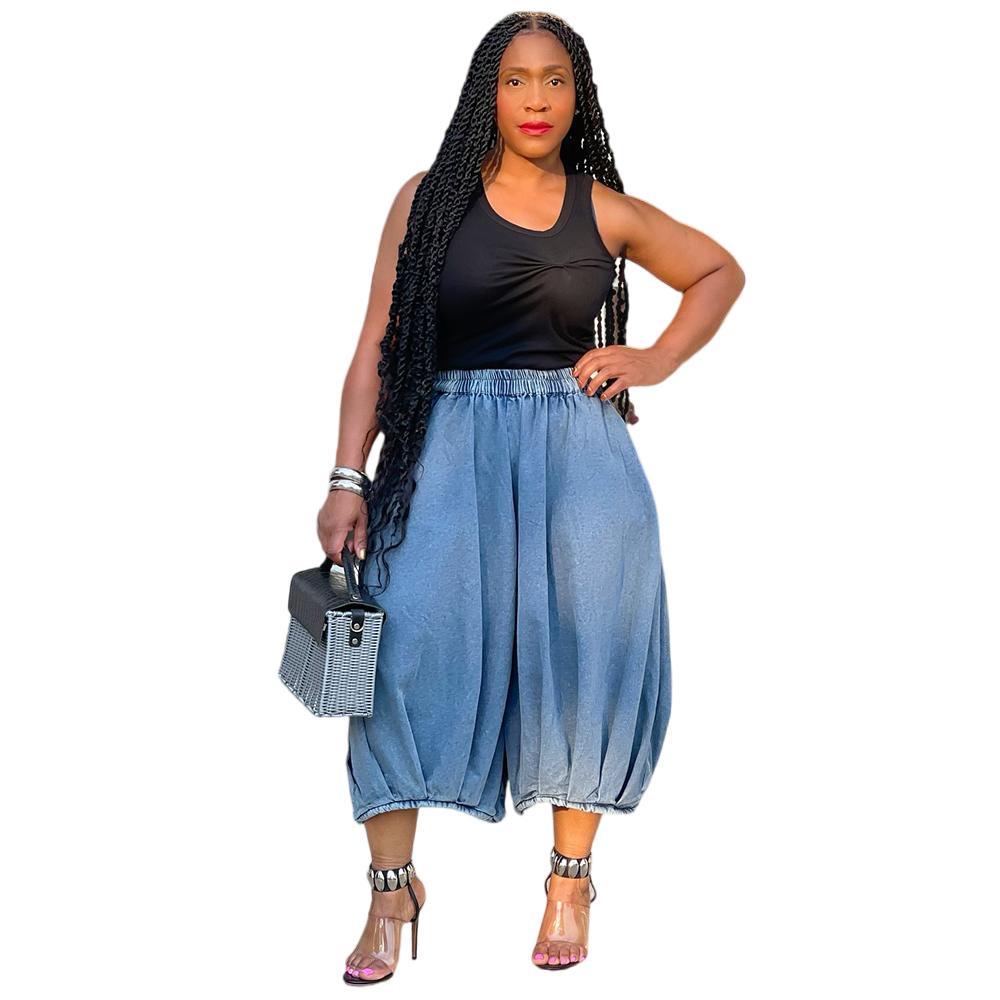 Street fashion casual jeans elastic waist straight leg wide leg cropped pants