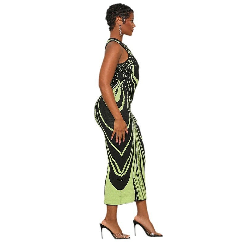Women Wave Striped O-neck Sleeveless  Ribbed Birthday Bodycon Midi Maxi Dress  INS Sexy Party Dresses