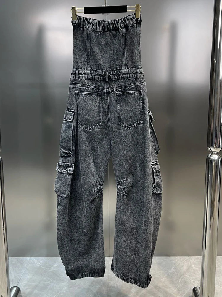 Solid Jumpsuits For Women Strapless Sleeveless High Waist Cargo Pants Summer  Jumpsuit Female Fashion Clothing
