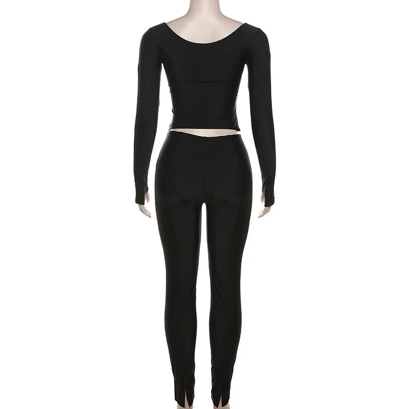 Autumn Solid Casual Two Piece Set Women Sexy Wrapped V Neck Off Shoulder Gloves Long Sleeve Crop Top Slim Split Pants Suits