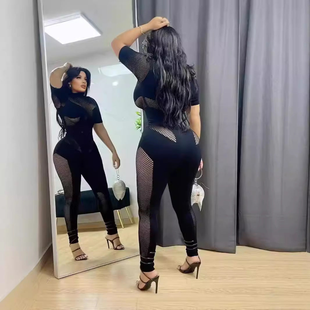 Round neck short sleeved see through slim fit sexy one-piece knitted jumpsuit for women