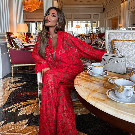 New lace perspective two-piece set for sexy and spicy women, fashionable lapel shirt and pants set