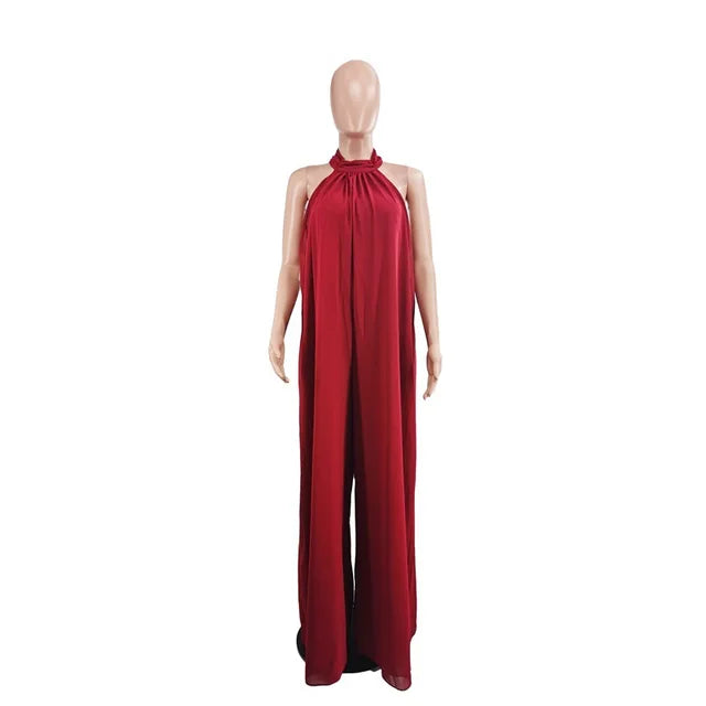 Elegant Holiday Chiffon Jumpsuits Halter Sleeveless High Waist Women Wide Leg Playsuit Open Back Pleated Rompers