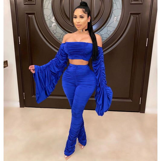 Spring Summer Two Piece Set Women Solid One Shoulder Shirring 2 Piece Sets Pant Suits Club Outfits Streetwear Wholesale Items