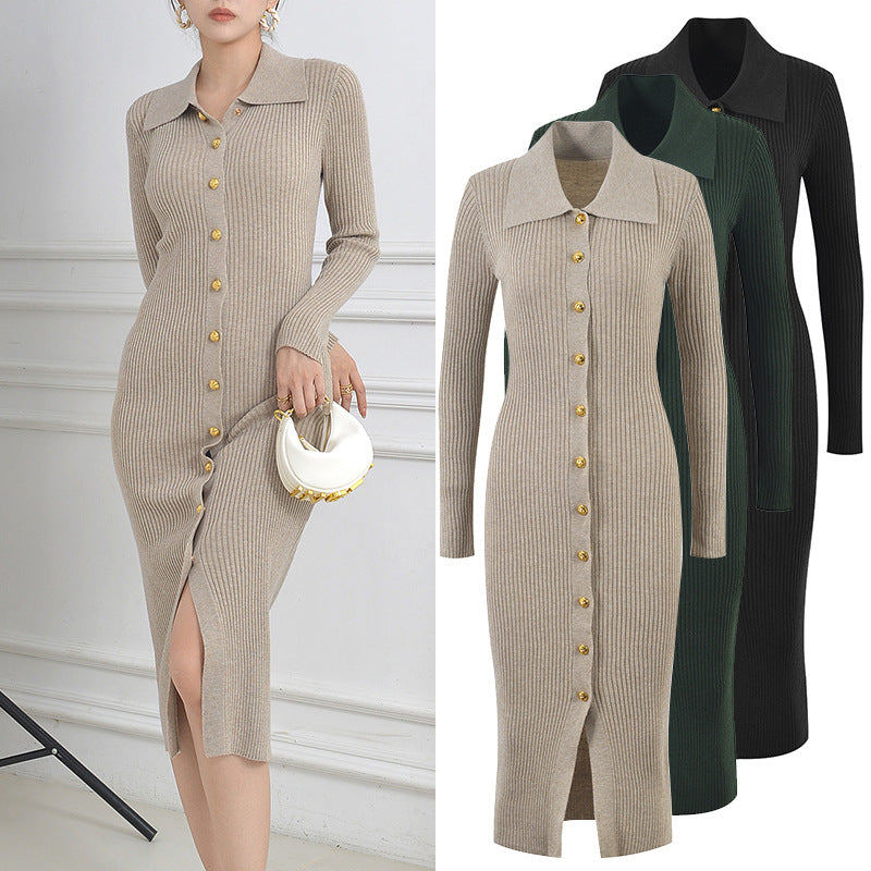 Sweater Dress Women  Luxury Single Breasted Long Sleeve Knitted Dresses Autumn Winter Clothing