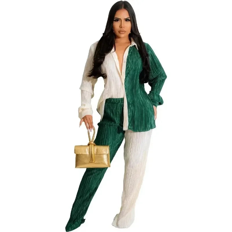 African Clothes for Women Autumn African Long Sleeve V-neck Polyester Top Pant Matching Sets Dashiki African Clothing