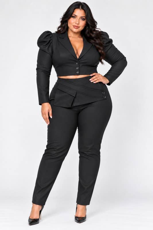 Plus two-piece leather set high-waisted pants cropped blazer