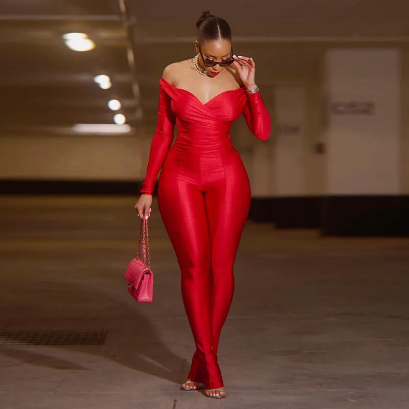 Autumn Solid Casual Two Piece Set Women Sexy Wrapped V Neck Off Shoulder Gloves Long Sleeve Crop Top Slim Split Pants Suits