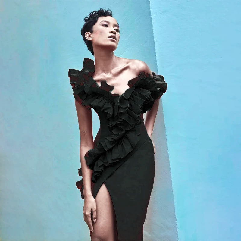 Women's Black Red Fold Medium Length Sexy Celebrity Cocktail Party Bandage Dress