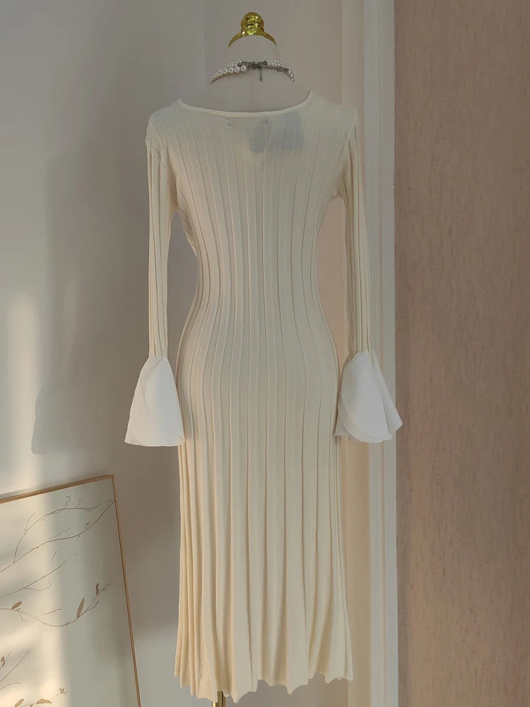 Splicing Knitting Elegant Dresses For Women Square Collar Petal Border Long Sleeve Dress New Spring Clothing