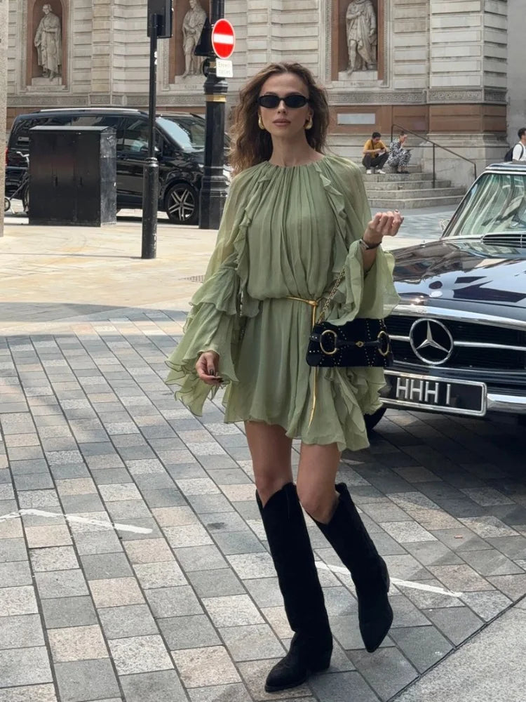 Elegant Green Ruffles Mini Dress For Women Fashion Long Flare Sleeves Round Neck Casual Short Vestidos  Summer Holiday Robes