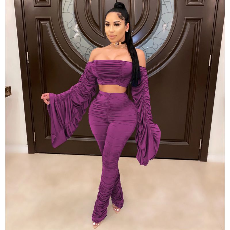 Spring Summer Two Piece Set Women Solid One Shoulder Shirring 2 Piece Sets Pant Suits Club Outfits Streetwear Wholesale Items