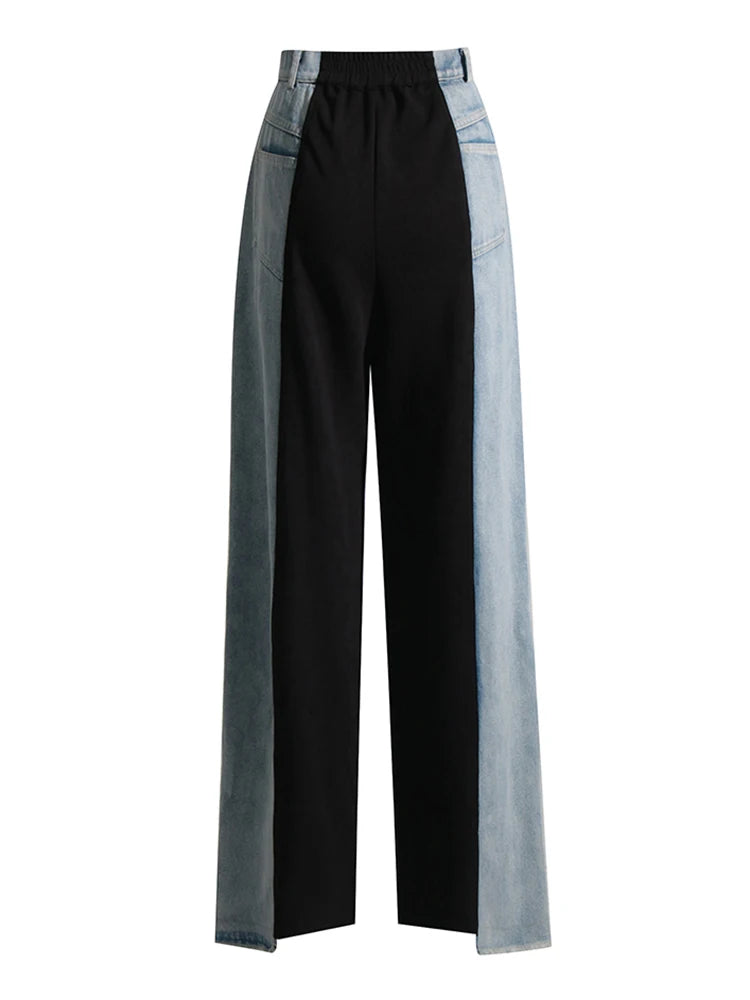 Straight Loose Denim Pants Female High Waist Colorblock Loose Wide Leg Long Trousers Women Clothing