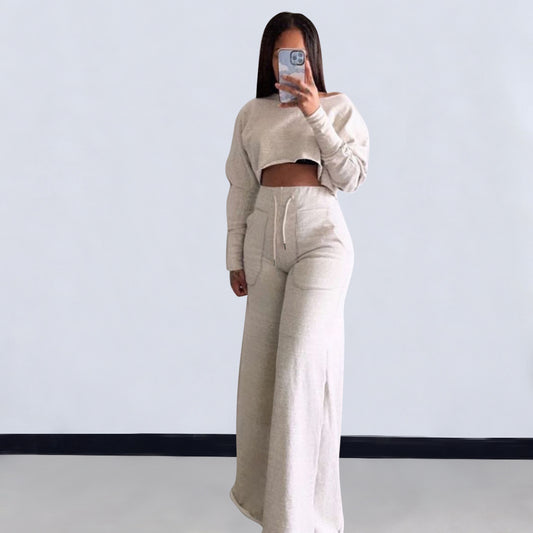 High-end Hoodies Set Sexy Young Daily Solid High Waist Full Sleeve + Long Wide Leg Pants Lady 2 Piece Sets