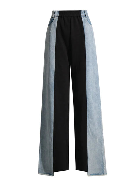 Straight Loose Denim Pants Female High Waist Colorblock Loose Wide Leg Long Trousers Women Clothing