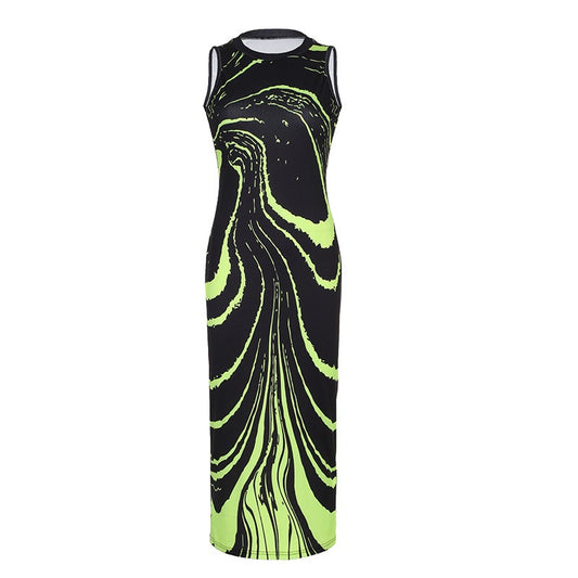 Women Wave Striped O-neck Sleeveless  Ribbed Birthday Bodycon Midi Maxi Dress  INS Sexy Party Dresses