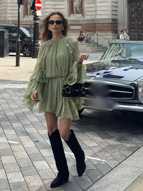 Elegant Green Ruffles Mini Dress For Women Fashion Long Flare Sleeves Round Neck Casual Short Vestidos  Summer Holiday Robes