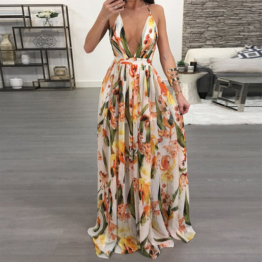 Women Dresses Summer Sexy Maxi Boho Style Print Party Dress Deep V Neck Backless Long Dress