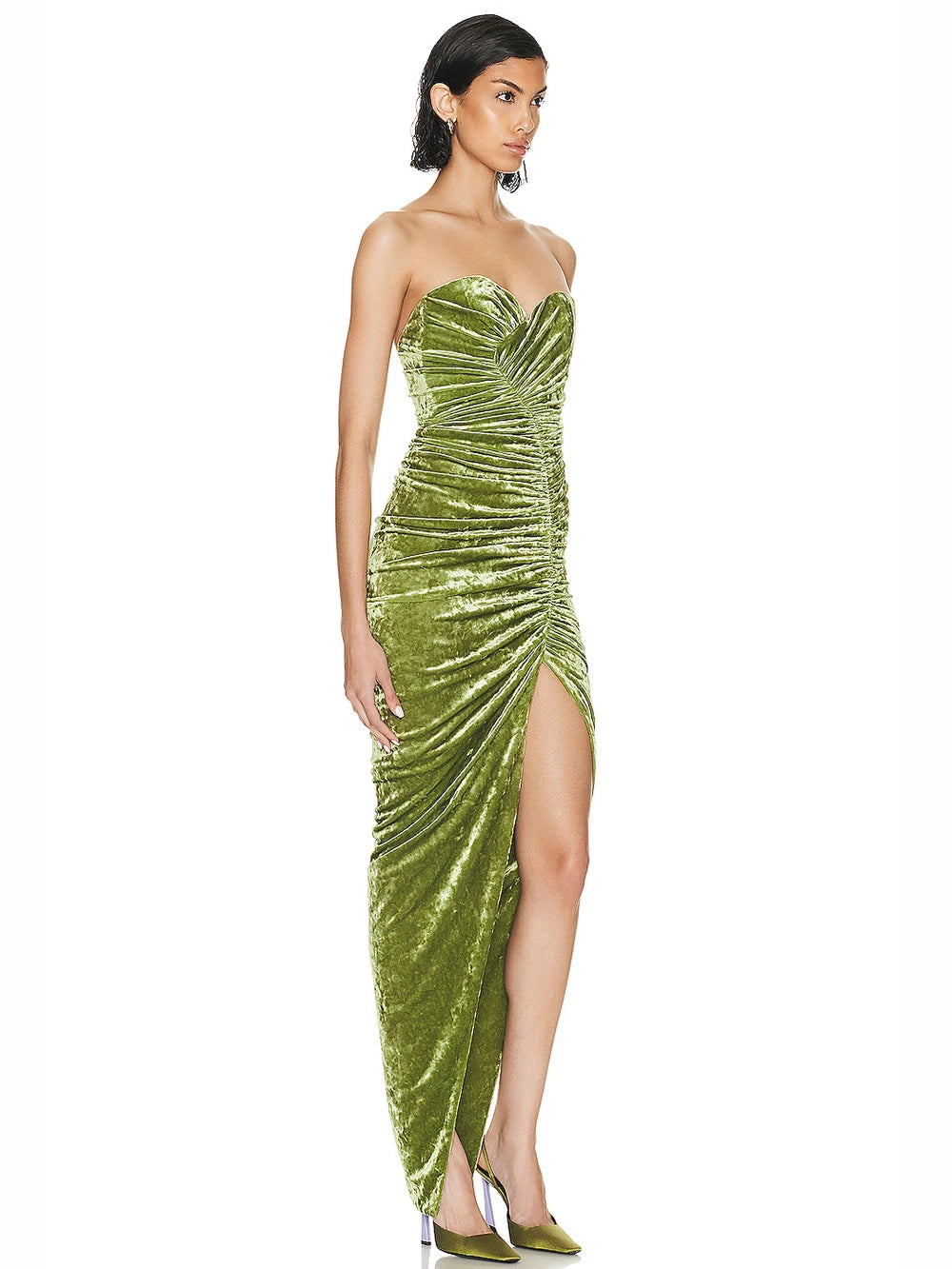 Ladies Strapless Folds High Split Backless Elegant Celebrity Cocktail Party Club Rmy Green Sleeveless Sexy Maxi Dress