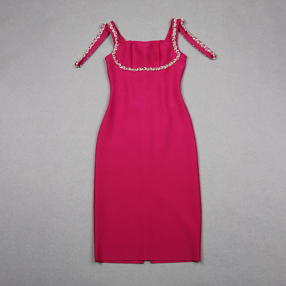 Factory Wholesale Women's 2024 Rose Red Spaghetti Strap Diamond Tight Sexy Celebrity Cocktail Party Bandage Dress