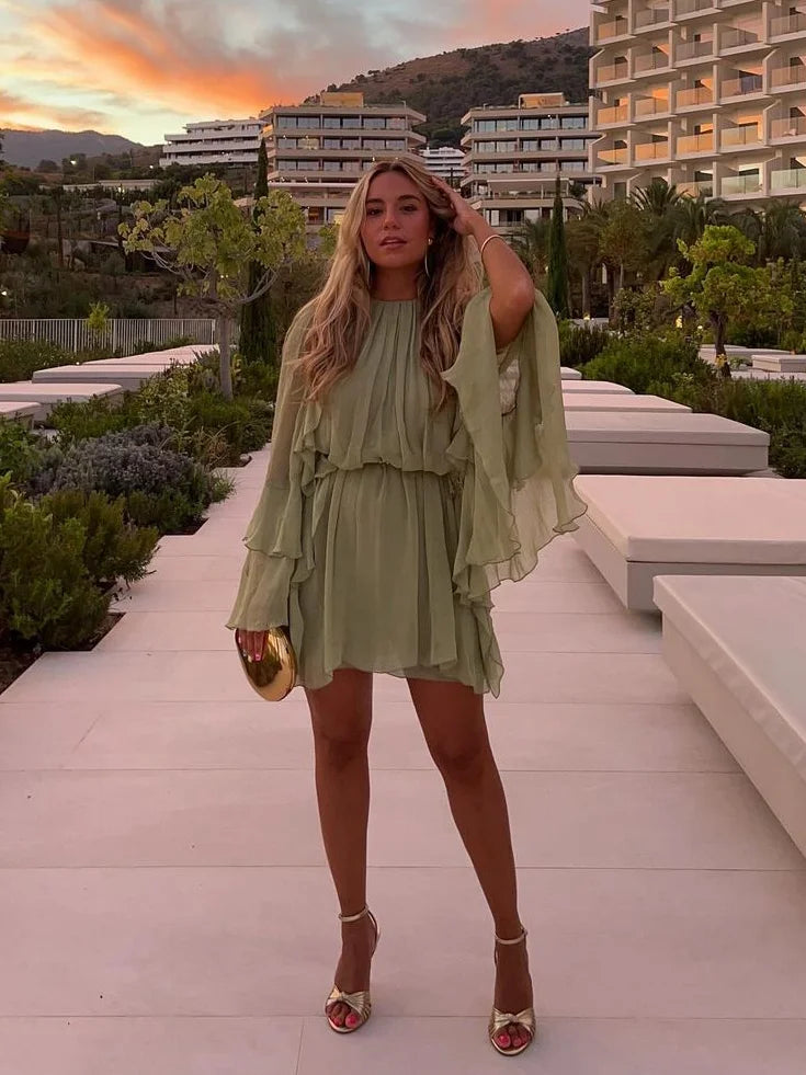 Elegant Green Ruffles Mini Dress For Women Fashion Long Flare Sleeves Round Neck Casual Short Vestidos  Summer Holiday Robes