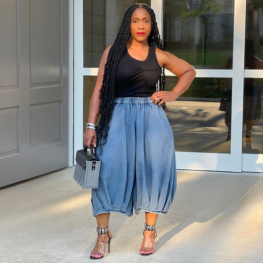 Street fashion casual jeans elastic waist straight leg wide leg cropped pants