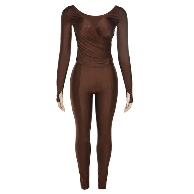 Autumn Solid Casual Two Piece Set Women Sexy Wrapped V Neck Off Shoulder Gloves Long Sleeve Crop Top Slim Split Pants Suits