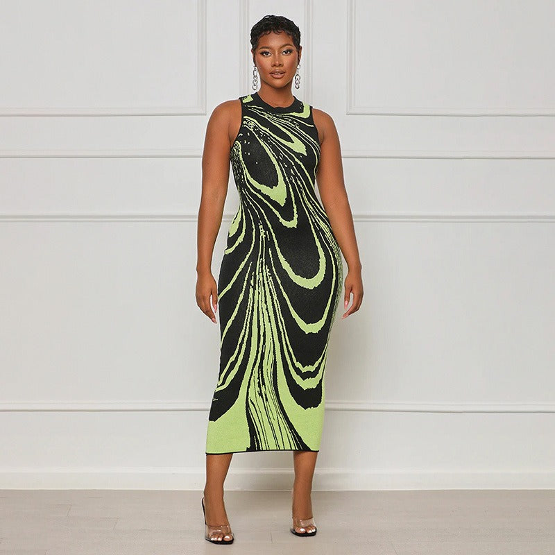 Women Wave Striped O-neck Sleeveless  Ribbed Birthday Bodycon Midi Maxi Dress  INS Sexy Party Dresses