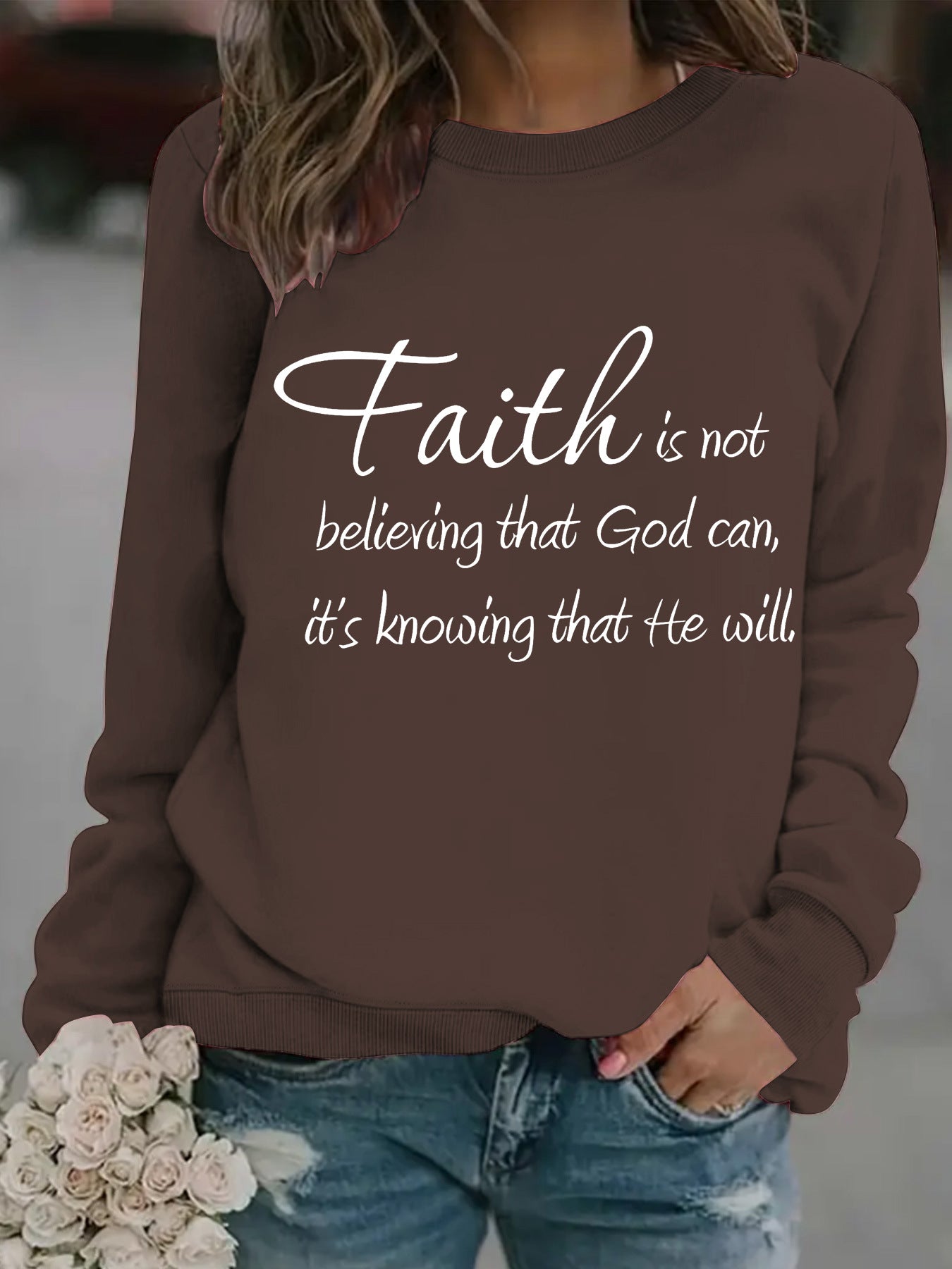 Round neck faith is printed pullover sweatshirt