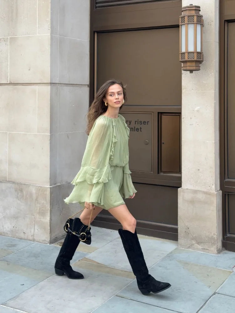 Elegant Green Ruffles Mini Dress For Women Fashion Long Flare Sleeves Round Neck Casual Short Vestidos  Summer Holiday Robes