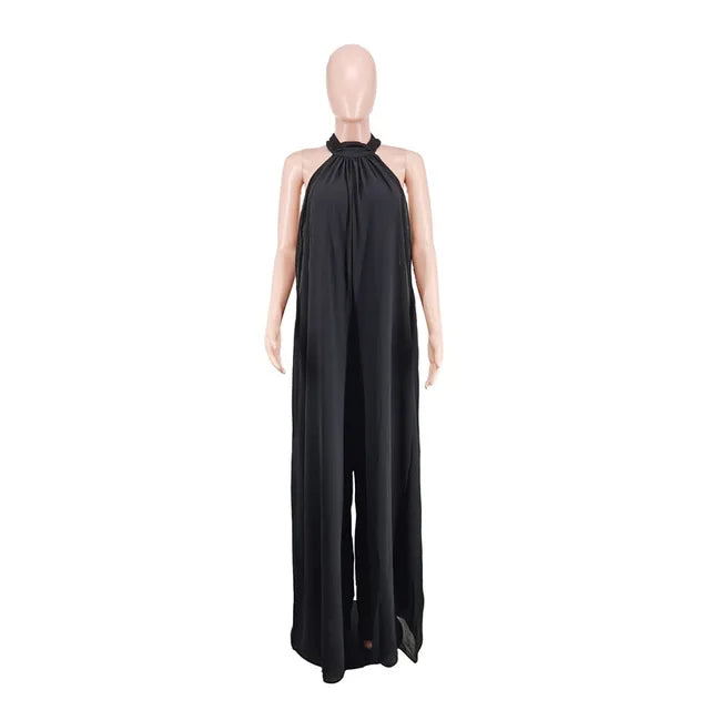 Elegant Holiday Chiffon Jumpsuits Halter Sleeveless High Waist Women Wide Leg Playsuit Open Back Pleated Rompers