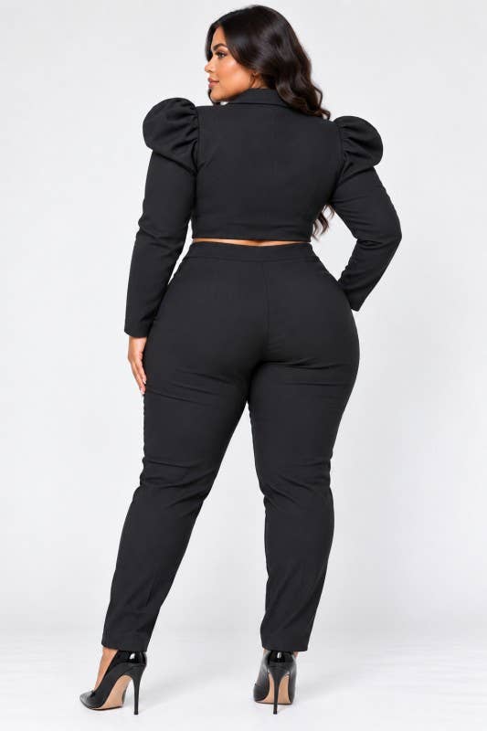 Plus two-piece leather set high-waisted pants cropped blazer