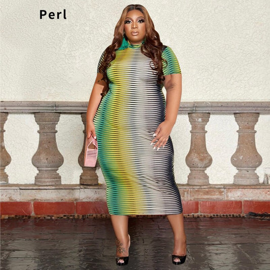 Colorful Gradient Maxi Dress Short Sleeve Plus Size Women's Clothing Pullover Round Neck Outfit Summer Street Wear