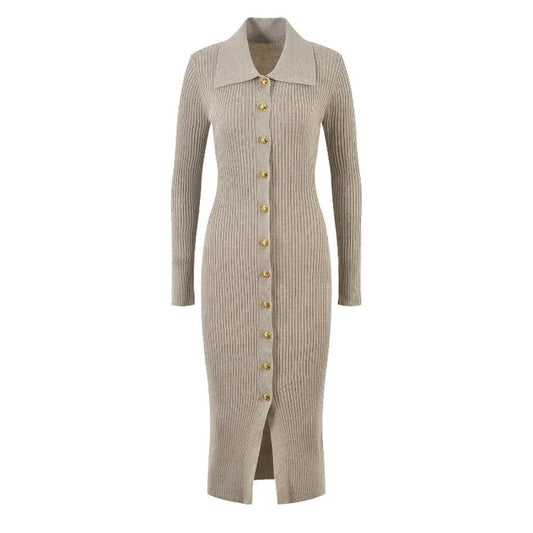Sweater Dress Women  Luxury Single Breasted Long Sleeve Knitted Dresses Autumn Winter Clothing