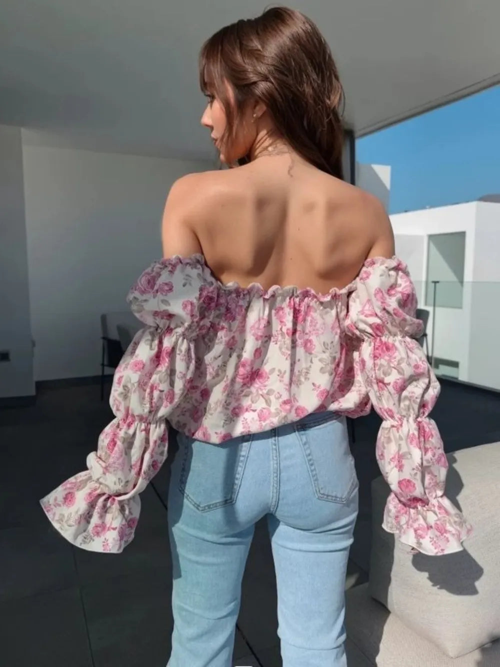Spring new style bubble sleeve one collar floral sexy waist cinching shirt for women