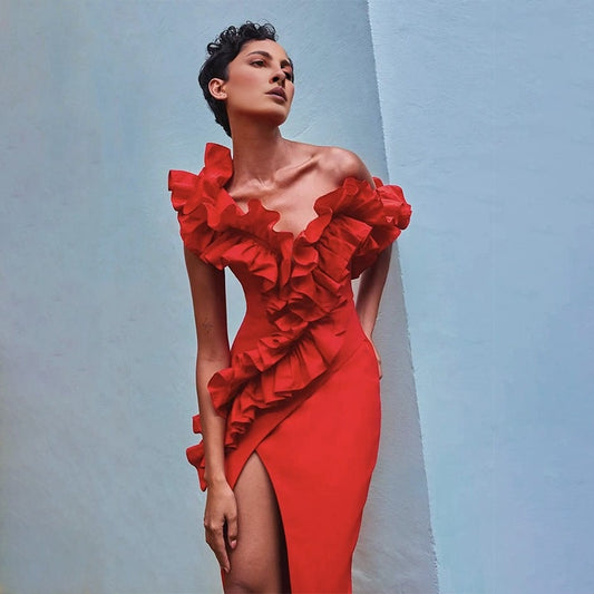 Women's Black Red Fold Medium Length Sexy Celebrity Cocktail Party Bandage Dress