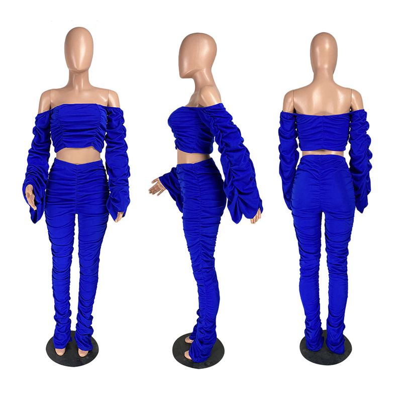 Spring Summer Two Piece Set Women Solid One Shoulder Shirring 2 Piece Sets Pant Suits Club Outfits Streetwear Wholesale Items