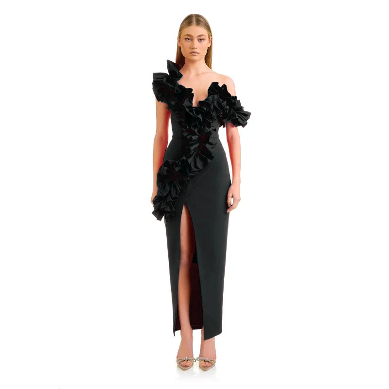 Women's Black Red Fold Medium Length Sexy Celebrity Cocktail Party Bandage Dress
