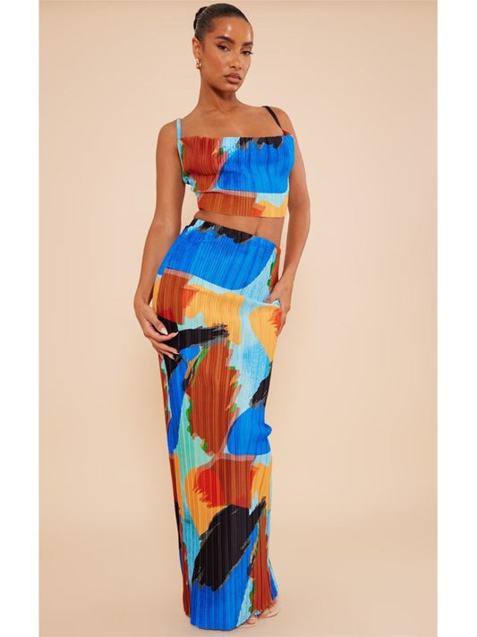 Purple Printed Pleated Sling Top And Skirt Sets Sleeveless Crop Tops Wrap Hip Long Skirts Suit